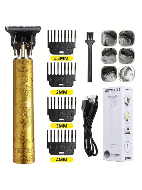 Vintage T9 Hair Trimmer Cordless Professional Hair Clippers Electric Trimmers For Men Dragon Design – Metal Body (golden) - Image 2